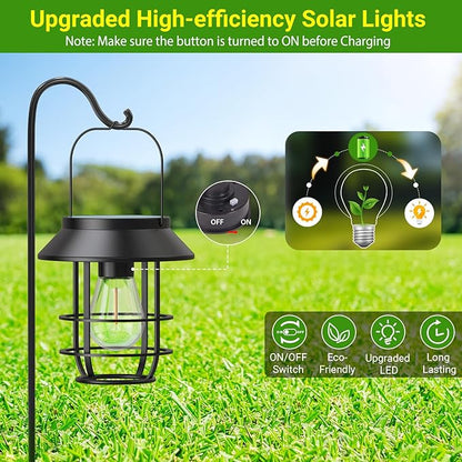 Solar Lanterns Outdoor Waterproof, High Brightness Hanging Solar Lights for Outside with Wall Hooks, Halloween Decor Retro Metal Outdoor Lanterns Auto On/Off for Patio, Yard Decor, Black,4Pack