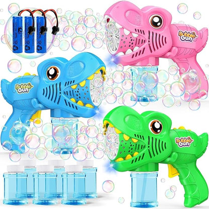 3 Pack Bubble Mahine Gun - Dinosaur Bubbles Blower with LED Light Outdoor Toys for Ages 4-6 Boys Girls Gift for 3 4 5 6 7 8 Year Old Kids Easter Basket Stuffers Valentine Birthday (Green+Blue+Pink)