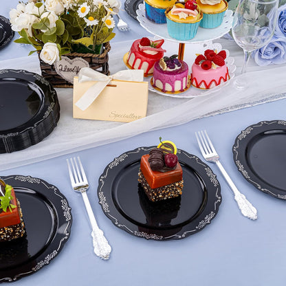 DaYammi 60PCS Black and Silver Plastic Plates, Heavy Duty Black and Silver Disposable Plates Premium 7.5 inch Dessert Cake Salad Appetizer Plates Hard Plastic Plates Disposable for Halloween Party