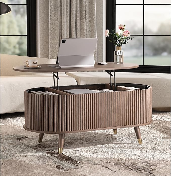 SULIVES Oval Coffee Table with Storage, Small Fluted Center Table