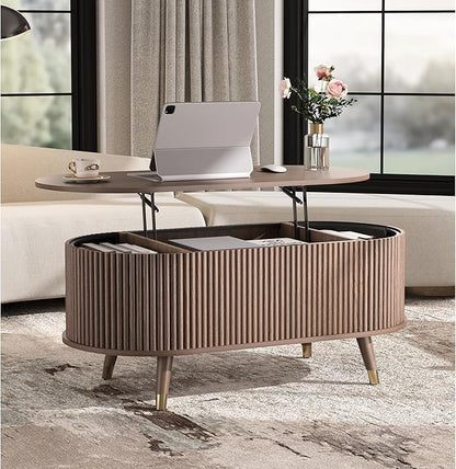 SULIVES Oval Coffee Table with Storage, Small Fluted Center Table