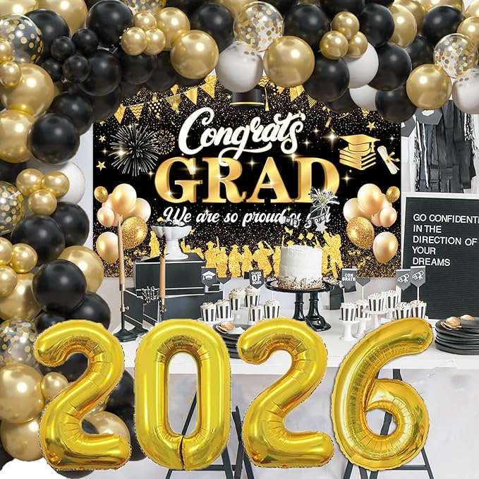 Black Gold 2026 Graduation Party Decorations - Graduation Balloon Arch Kit With Black Gold Graduation Balloons, Congrats Grad Backdrop, 2026 Foil Balloons For High College School Graduation Decor