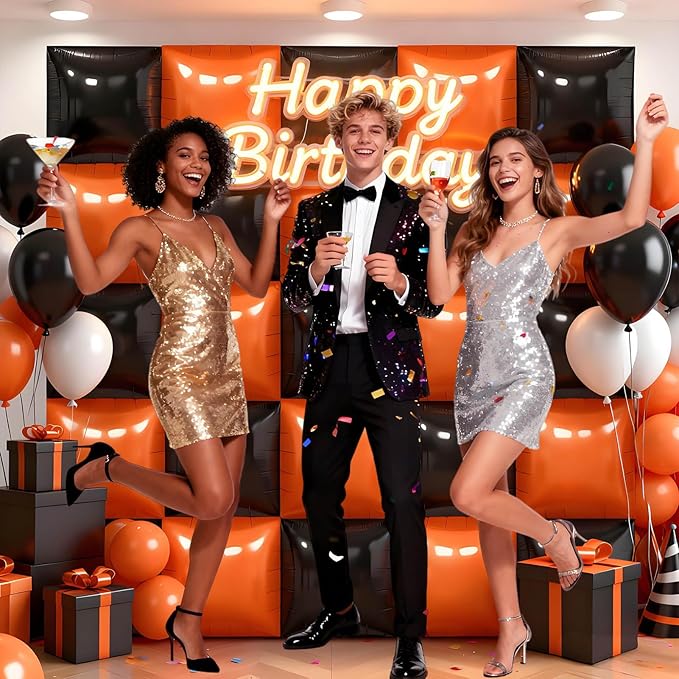 50Pcs Black and Orange Square Foil Balloons Wall Backdrop, Double Sided Metallic Foil Balloons Tunnel Arch Garland Kit for Photo Booth Birthday Wedding Halloween Christmas Party Decorations