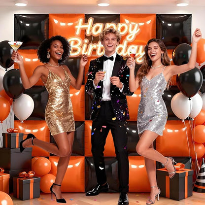 50Pcs Black and Orange Square Foil Balloons Wall Backdrop, Double Sided Metallic Foil Balloons Tunnel Arch Garland Kit for Photo Booth Birthday Wedding Halloween Christmas Party Decorations