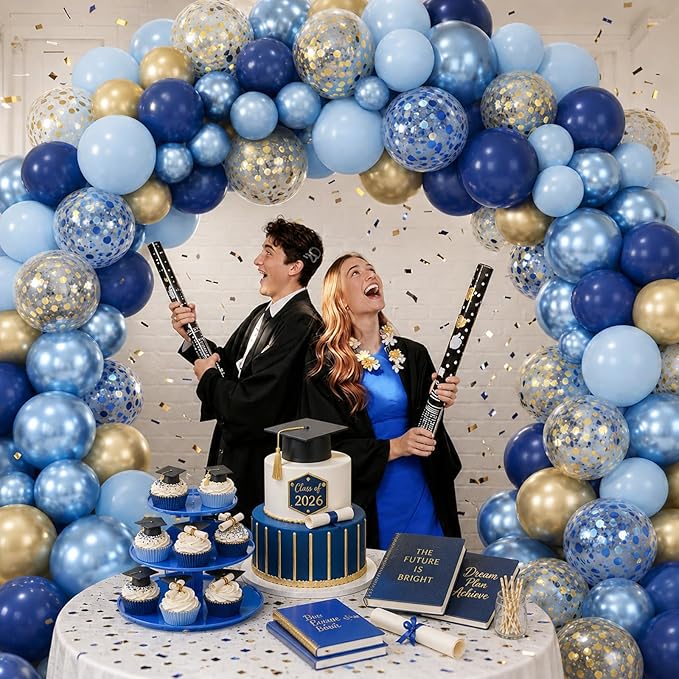 Navy Blue Gold Balloon, 60 Packs 12 Inch Metallic Blue and Macaron Blue Balloons with Metallic Gold Confetti Balloons for Birthday Party Decorations, Wedding, Bridal Shower, Baby Shower, Graduate