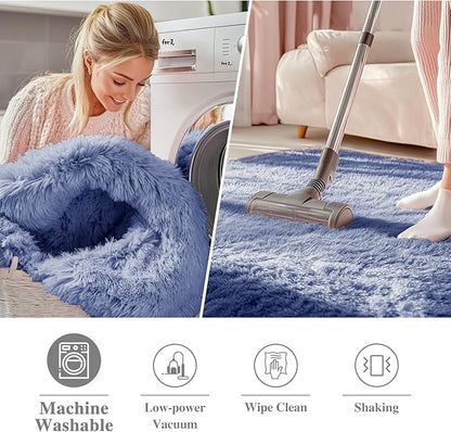 OLANLY Denim Blue Round Rugs for Bedroom - Machine Washable, 8 ft Circle Area Rugs for Living Room, Soft and Fluffy Shaggy Carpet for Teen Girl and Boys, Nursery Rooms, Dorms, Home Decor Aesthetic