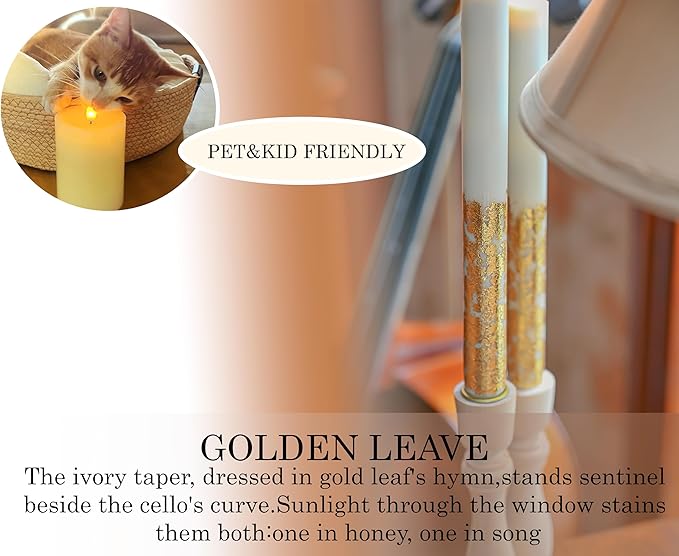Flameless Taper Candles Flickering with Remote and Timer, 3D Moving Flame Taper Candle Battery Operated to 400 Hours, 9 Inch Window Candles, (Gold Leaf)