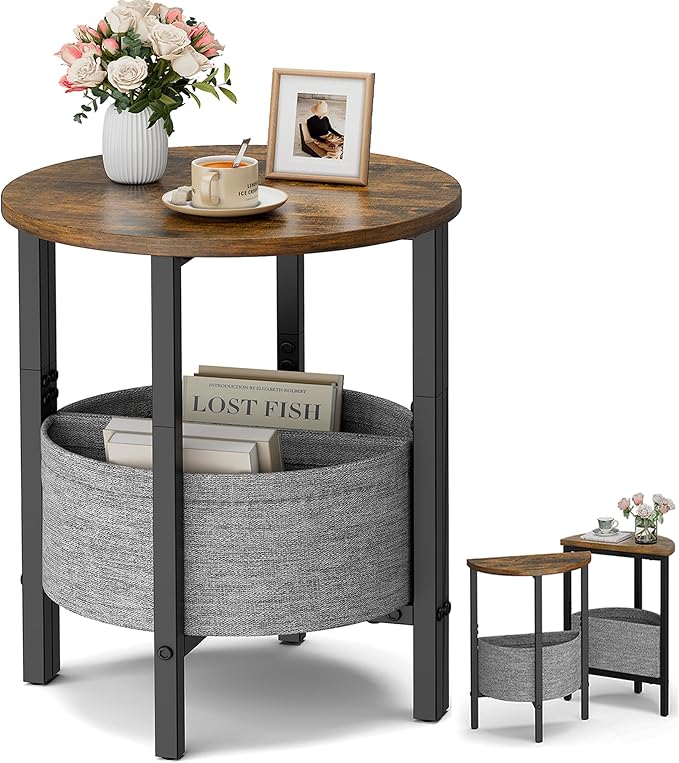 Vagusicc Small Round Side Table, Accent End Table with Storage Basket, Set of 2 Half Round Coffee Table End Table, Half Moon Bedside Table, Modern Nightstand Couch Table for Living Room Bedroom, Brown