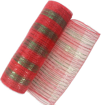 5 Rolls Christmas Mesh Ribbon for Wreath, 10 Inch x 30FT Per Roll Metallic Foil Deco Mesh Rolls Red White Green Stripe Decorative Mesh for Christmas Tree Winter Holiday Wreath Party Decor