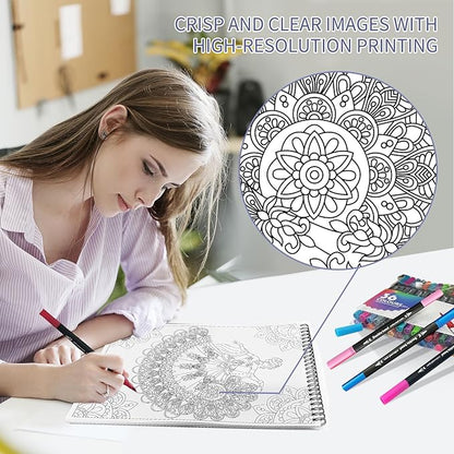Kalysky Adult Coloring Book with Markers - Spiral Bound Coloring Book for Adults Relaxation with 36 Premium Markers | Stress Relief, Art Therapy, Mindfulness Gift