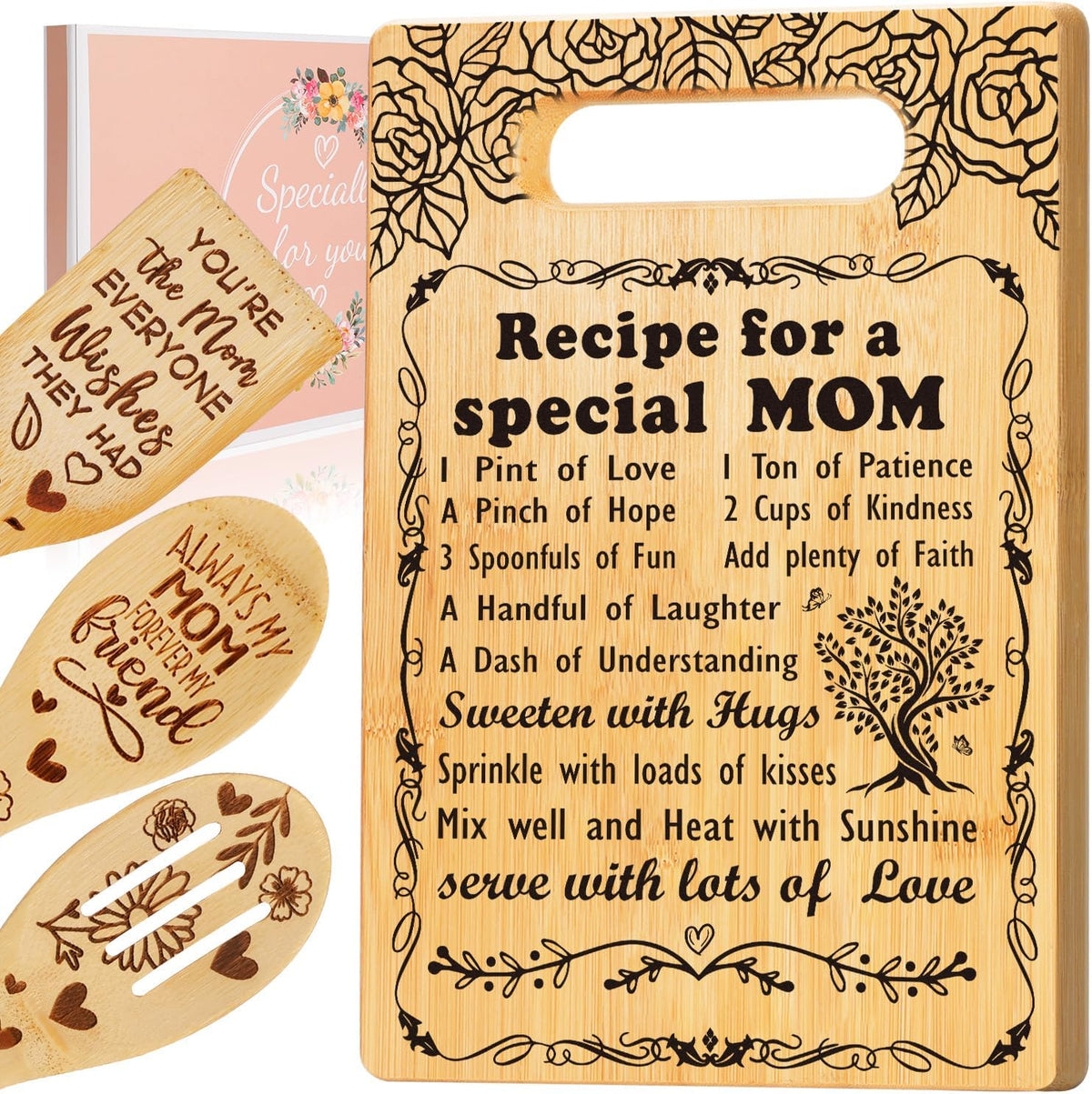 Birthday Gift for Mom, Recipe for a Special Mom- Christmas Birthday Mom Gifts from Daughter Son Cutting Board Set, Engraved Utensil Best Mom Ever Gifts Ideas Mom Gifts for Mother New Mom Step Mom