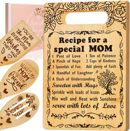 Birthday Gift for Mom, Recipe for a Special Mom- Christmas Birthday Mom Gifts from Daughter Son Cutting Board Set, Engraved Utensil Best Mom Ever Gifts Ideas Mom Gifts for Mother New Mom Step Mom