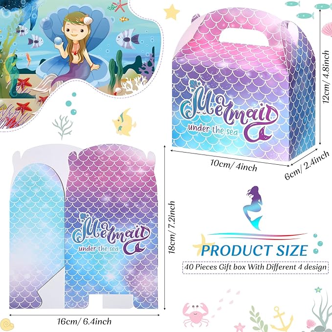 Outus 40 Pack Mermaid Party Favor Goodie Boxes Mermaid Candy Treat Boxes Mermaid Birthday Party Favor Bags Under The Sea Theme Party Birthday Baby Shower Supplies
