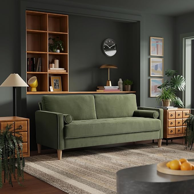 Studio Living® Lexington 75.6" Sofa, Mid-Century Modern, Pocket Coil Comfort, Easy Assembly, Velvet Fabric, Olive Green