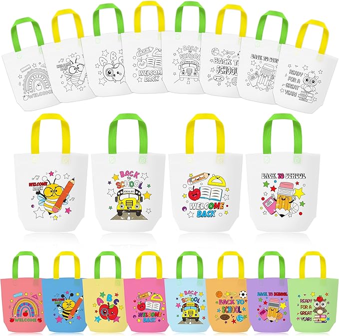Back to School Coloring Goodie Bags for Kids - 24Pcs Welcome Back Bulk Color Your Own Gift Bags with Handle First Day of School Reusable Coloring Bag Non Woven Tote Bag for Classroom Party DIY Crafts