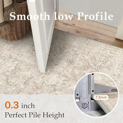 2x8 Beige Washable Runner Rug for Kitchen Hallway Neutral Soft Non Slip Rug Low Pile Vintage Distressed Carpet for Bathroom Bedroom Indoor Nursery