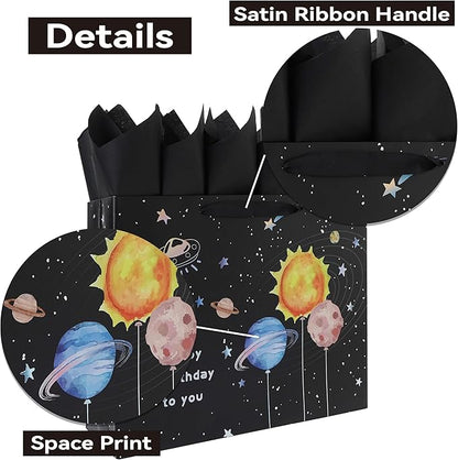 Qirrmiy 16.5” Extra Large Space Birthday Gift Bag Set with Handles, Greeting Card, Black Tissue Papers and Stickers for Boys Teens for Baby, Kids‘ Birthday Party, Newborn, 1 Pcs