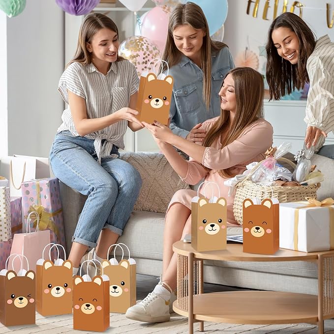 12Pcs Brown Bear Theme Party Favor Bags Bear Shaped Goodie Bags Candy Bag for Bears Birthday Party Decor Cute Bears Gift Treat Bag with Handle for Woodland Parties Kids Boys Girls Baby Shower Supplies