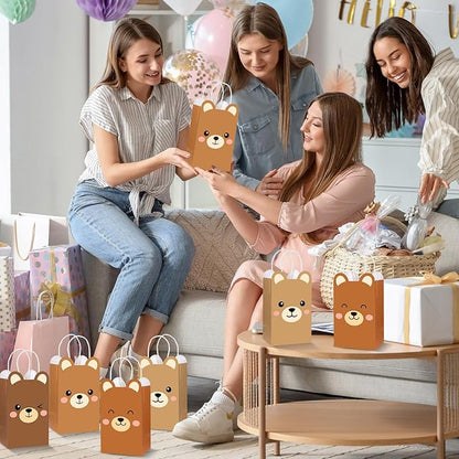 12Pcs Brown Bear Theme Party Favor Bags Bear Shaped Goodie Bags Candy Bag for Bears Birthday Party Decor Cute Bears Gift Treat Bag with Handle for Woodland Parties Kids Boys Girls Baby Shower Supplies