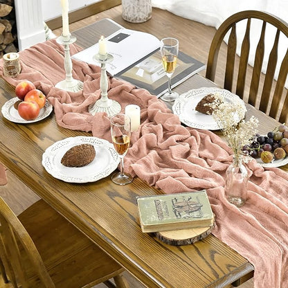 Artoid Mode Boho Cheesecloth Gauze Peach Powder Wedding Table Runner, 120 Inch Seasonal Christmas Winter Fabric Kitchen Dining Holiday Table Decor for Home Party Indoor