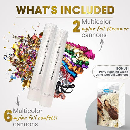 PrimePure Confetti Cannon Party Poppers - Metallic Foil Multicolor Confetti Poppers & Streamers - 8 Pack - Party Cannon Glitter Bomb Pop Gun for Birthday, Graduation, Celebration, Pranks