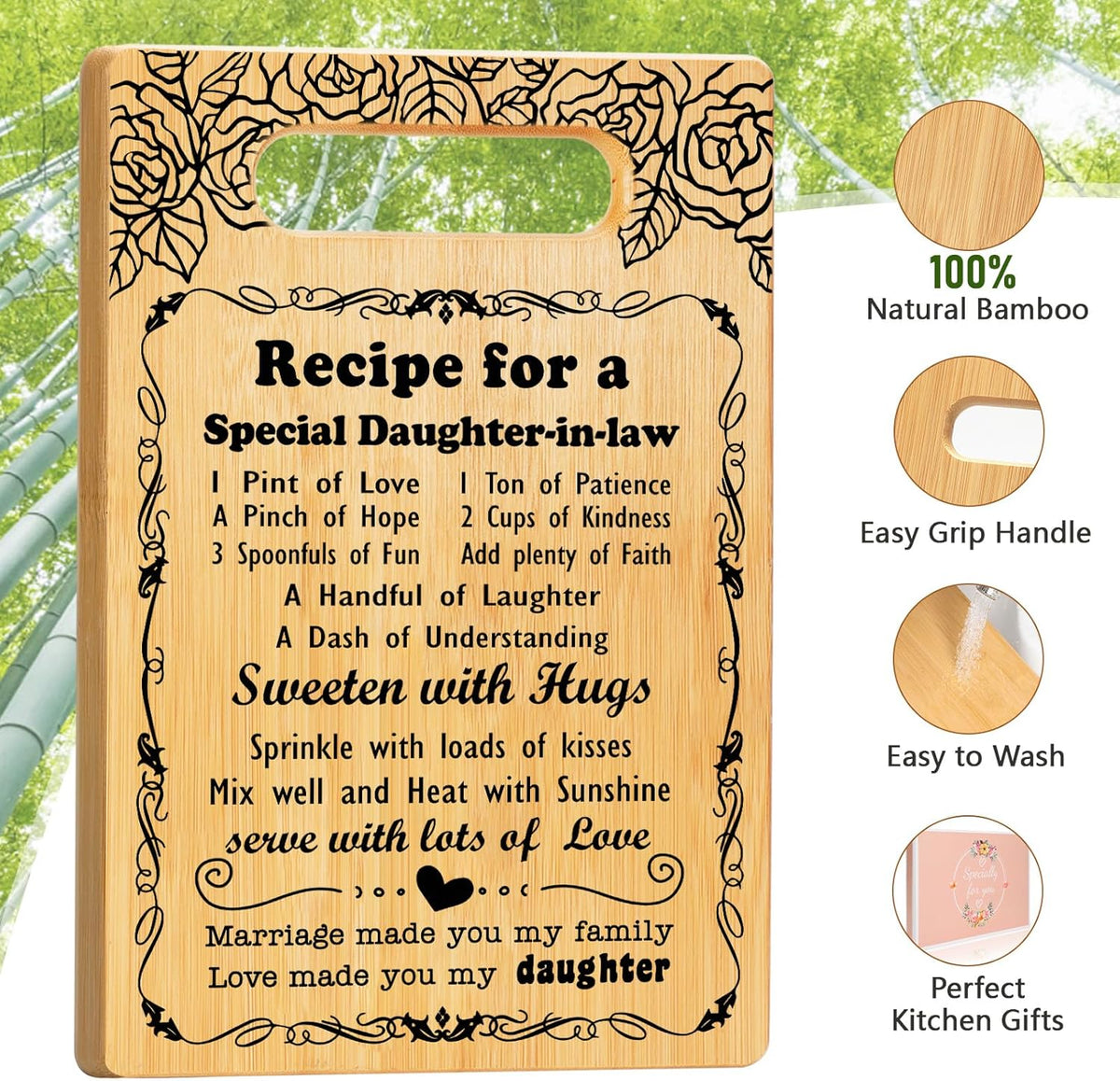 Gifts for Daughter in Law Cutting Board Set, "Recipe for a Daughter-in-Law" Christmas Birthday Gifts for Daughter in Law with Engraved Utensil, Daughter-in-Law Gift from Mother-in-Law Christmas