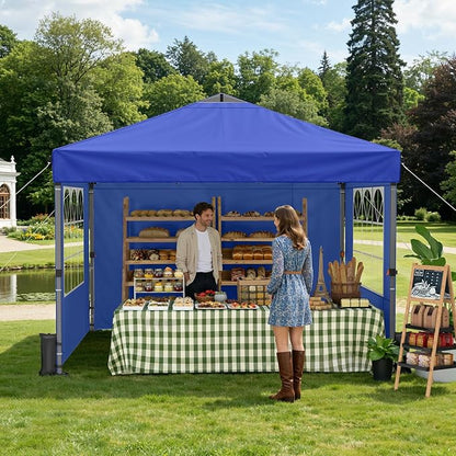 Raynesys Pop Up Canopy Tent with Sidewalls, 10x10ft 10 Person Party Tent One Push Setup, Portable Gazebo Outdoor Sun Shade for Events, Parties, Camping, Commercial, Silver Coated Top, Blue