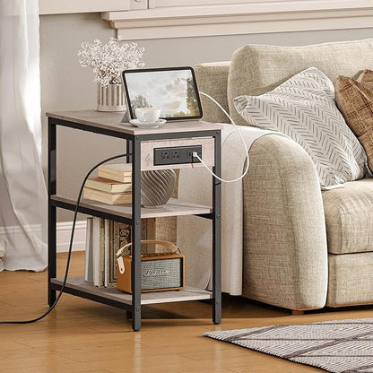 HOOBRO End Table with Charging Station, Simple Rustic Side Table with 3-Tier