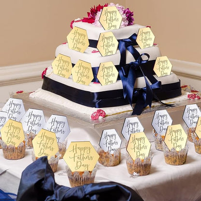 24 Pieces Happy Father's Day Cupcake Toppers Acrylic Cake Mirror Disc Cake Toppers Decorations Mini Glitter Engraved Discs for Birthday Party Dads Day Gifts(Hexagon)