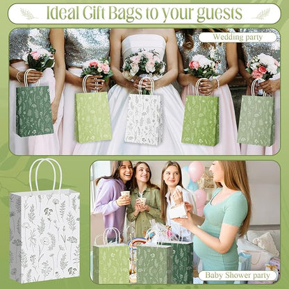 Kolldenn 50 Pcs Sage Green Wildflower Gift Bags with Handles Paper Floral Goodie Welcome Bag for Wedding Guest Baby Shower Bridal Birthday Party Favor, 5.91 x 3.15 x 8.27 Inches