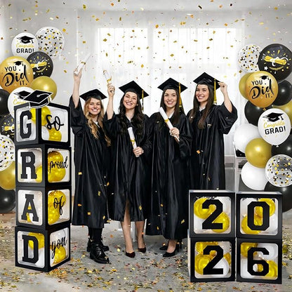 2026 Graduation Decorations - Black Balloon Boxes with Letters 2026 Grad & So Proud of You and Black White Gold Print Balloons, Graduation Party Decorations Class of 2026 for Any Grades(Black)