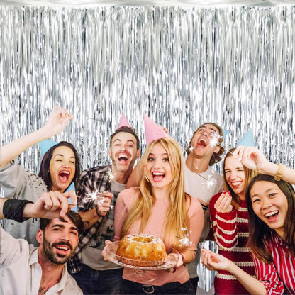 GOER 3.2 ft x 8.2 ft Metallic Tinsel Foil Fringe Curtains Party Photo Backdrop Party Streamers for Birthday,Graduation,New Year Eve Decorations Wedding Decor (Silver,1 Pack)