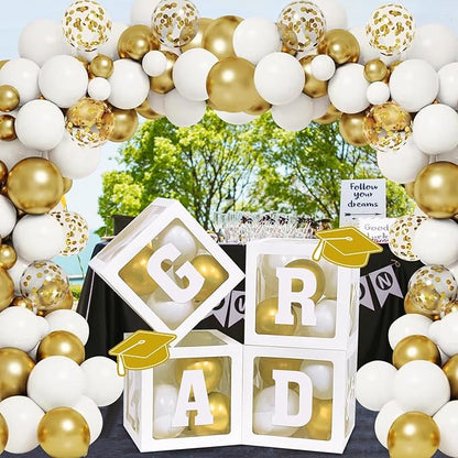 DAZONGE 2026 Graduation Party Decorations - Set of 4 Graduation Boxes with 139pcs Balloons Arch Garland Kit & 4 Light Strings - So Proud of You Class of 2026 Decorations for Any Grades