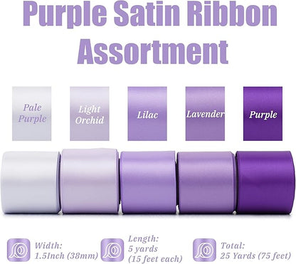 MAYREEL 1.5 Inch Purple Satin Ribbon Lilac Lavender for Gift Wrapping Flower Bouquet Wedding Bridal Shower Crafts 5 Rolls 5 Yards Each Color Total 25 Yards