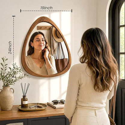 Asymmetrical Mirror, 24"x19" Unique Irregular Wall Mirror, Wood Mid Century Modern Mirror Decor for Bathroom Bedroom Living Room Entryway Hallway (Natural Wood)