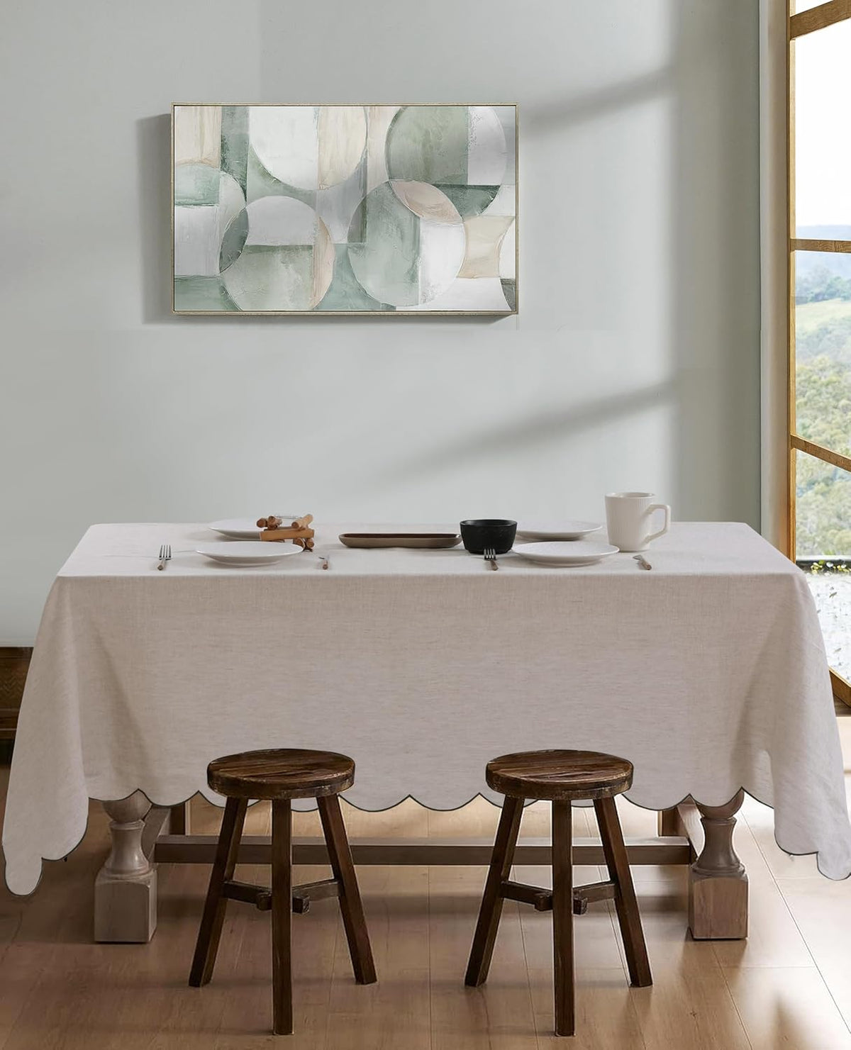 100% French Flax Linen Tablecloths Scalloped Embroidery Rectangle 120Lx60W Inch for Dinners, Parties, Spring, Machine Washable, 10-12 Sets, Linen(Edges-Green)