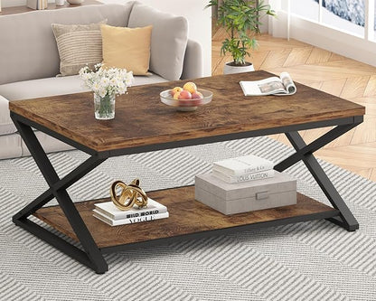 HSH Wood Coffee Table with Storage, Farmhouse Rustic Brown Coffee Table