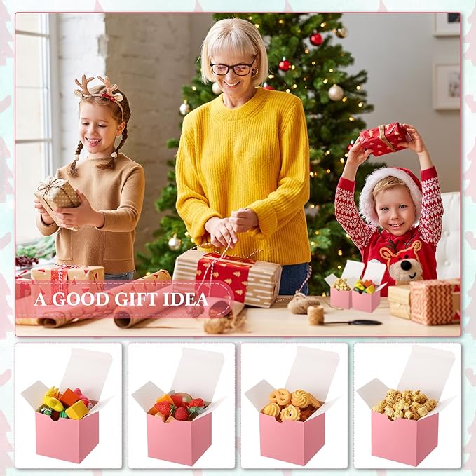 Zhehao 48 Pack Pink Gift Boxes Small Cardboard Gift Boxes with Lids Bulk 3 x 3 x 3 Inch Square Kraft Cube Paper Box Assemble for Candles Wedding Presents Easy Birthday