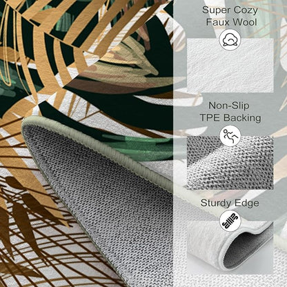 Ansouyi Non-Slip 5x7 ft Area Rugs, Washable Rug Carpet for Living Room, Emerald Green Gold Tropical Botanical Plant Home Decor Rugs for Game Room Classroom Bedroom Dining Kindergarten Room