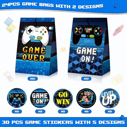 Pajean 24 Pcs Game Gift Bag Video Game Party Supplies Gamer Party Favor Gaming Theme Goodie Candy Treat Bags with 30 Pcs Stickers for Themed Birthday Decorations
