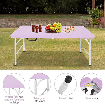 Portable 4Ft Folding Table, Heavy Duty Plastic Fold-in-Half Utility Foldable Table, Adjustable Height Plastic Folding Table with Carrying Handle for Camping &Party Indoor/Outdoor(Light Purple)