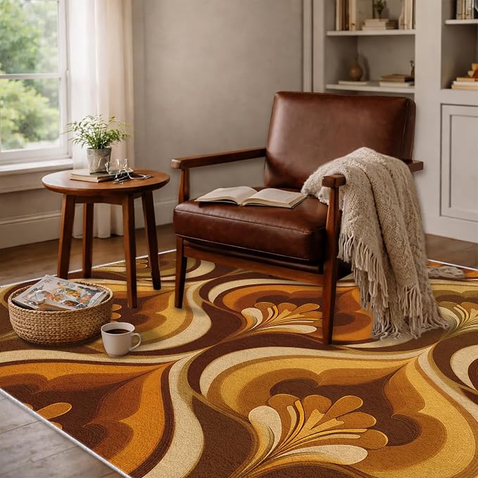 Retro 70s Area Rug 5x8, Mid Century Floral Geometric Rug, Burnt Orange Brown Vintage Carpet for Living Room Bedroom, Non-Slip Washable Area Rug