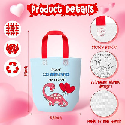 Valentine Coloring Goodie Bags for Kids - 24Pcs Dinosaur Bulk Color Your Own Gift Bags with Handle Valentine's Day Reusable Coloring Non Woven Tote Bag for DIY Craft Painting Party Favor Supplies