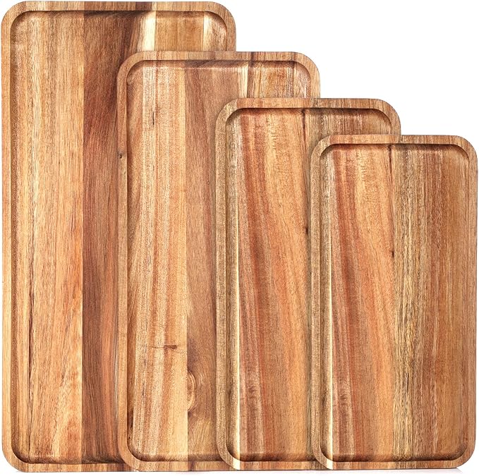 Leinuosen 4 Set Acacia Wooden Serving Platter Solid Wood Serving Trays Rectangular Charcuterie Boards Steak Wooden Plates for Entertaining Party Display Cheese Appetizer (10x5/12x6/14x7/16x8 in)