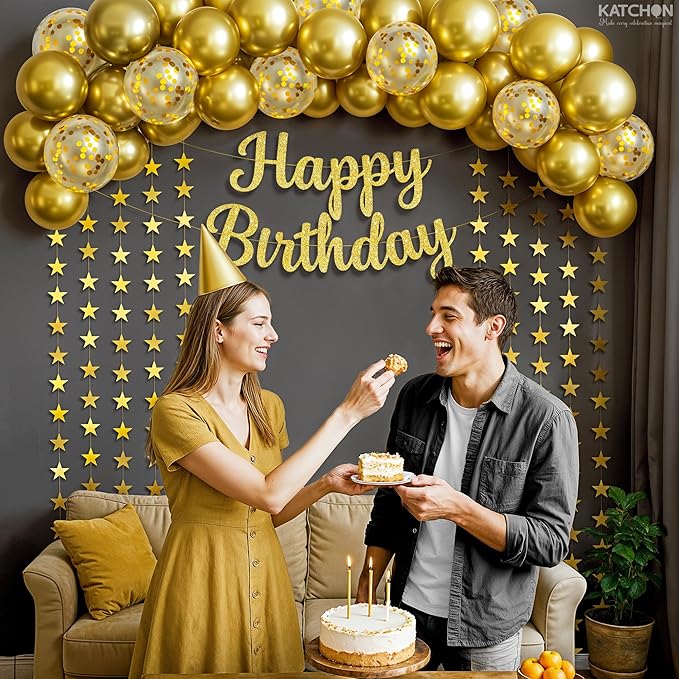 KatchOn, Gold Birthday Decorations Set – Pack of 53 | Glitter Happy Birthday Banner, Gold Star Garland and Confetti Balloons Arch Kit | Happy Birthday Decorations Women, Men | Happy Birthday Sign
