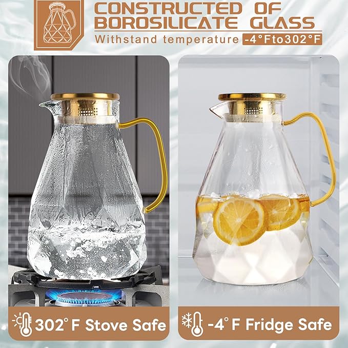 Glass Pitcher, 2.4Liter Water Pitcher With Lid, Iced Tea Pitcher for Fridge, Glass Water Carafe With Lid, Glass Water Jug, Large Drink Pitcher For Juice, Milk, Cold Or Hot Beverages, 2400ML