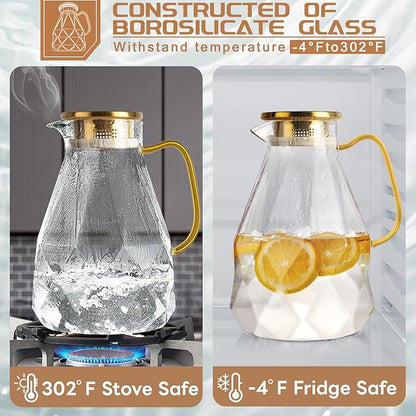 Glass Pitcher, 2.4Liter Water Pitcher With Lid, Iced Tea Pitcher for Fridge, Glass Water Carafe With Lid, Glass Water Jug, Large Drink Pitcher For Juice, Milk, Cold Or Hot Beverages, 2400ML