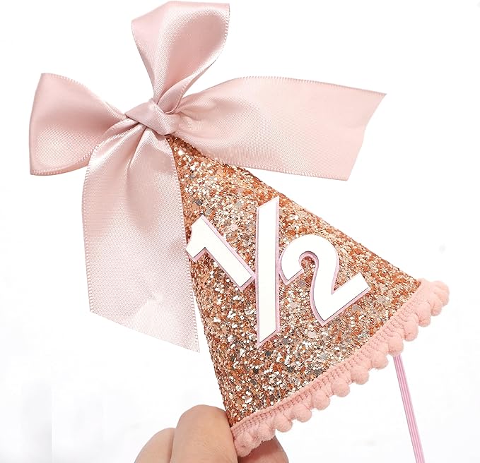 Rose Gold 1/2 Birthday Hat - Bow Birthday Party Decorations, Glitter Number Cone Hat, Princess Bow Hat