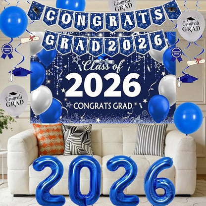 Navy Blue Graduation Decorations 2026, Silver and Blue Graduation Party Decorations Class of 2026 Backdrop, Congrats Grad Banner Streamers Balloons Foil 2026 Balloons College High School Master Phd