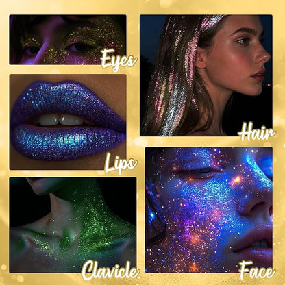 CAHOTO Gold Rolling Glitter for Face Body & Hair, Sparkling Holographic Chunky Shimmer, Roll-on Sequins for Singer Concert Mardi Gras Rave Festival Halloween Party Carnival, 1.35fl.oz